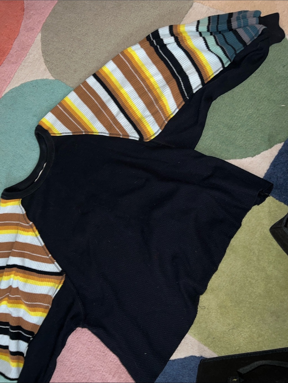 Oversized We The Free Black Sweater with Multicolor Striped Sleeves